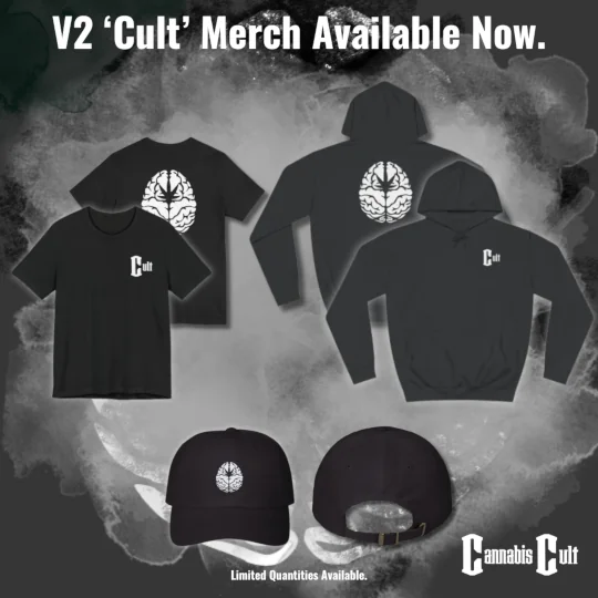 Merchandise drop promotional banner featuring a curated collection of 'CannabisCult.co' branded apparel and accessories, including hats and clothing. Highlighting Missouri’s top cannabis rating and review platform, this promo showcases premium gear for cannabis enthusiasts and brand supporters.