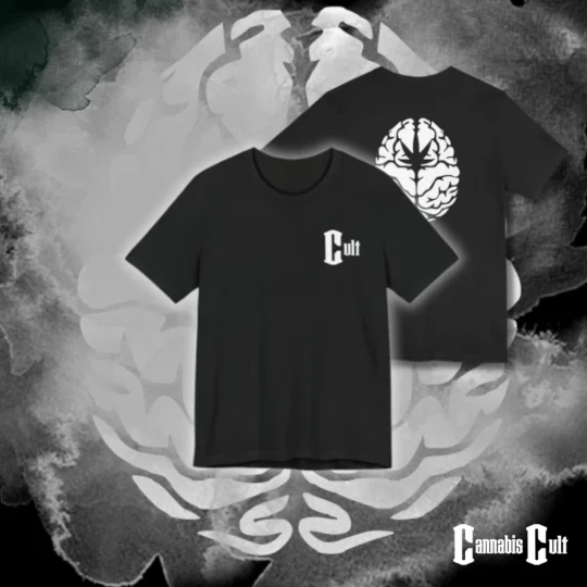 Classic 'CannabisCult.co' branded t-shirt in black, featuring a bold white logo on the front. This comfortable and versatile shirt is a must-have for cannabis enthusiasts and supporters of Missouri’s top platform for reviewing and rating cannabis strains and products, fostering a vibrant community of informed consumers.