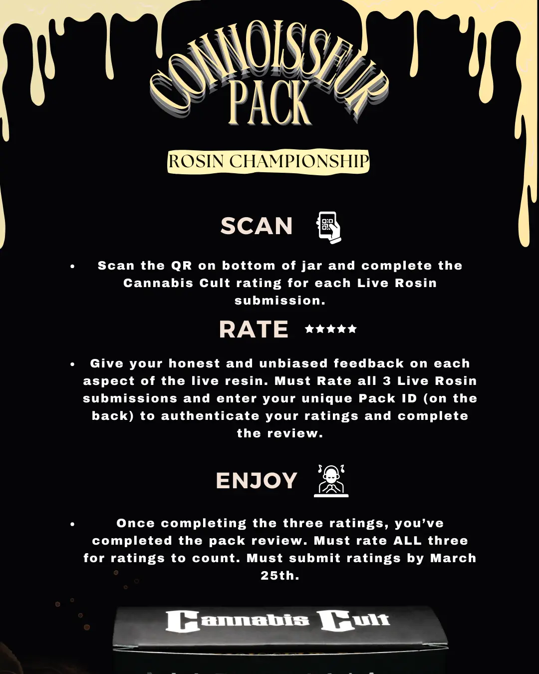Cannabis Cult Connoisseur Rosin Championship Pack release notes for March 14th, 2025.