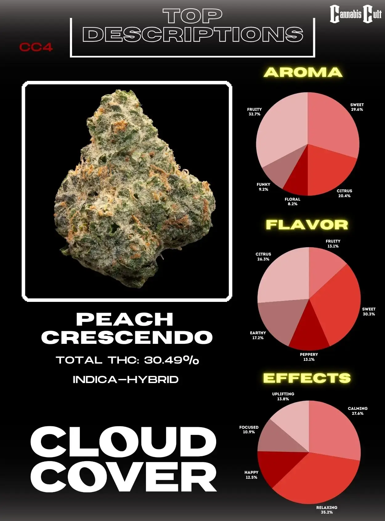 Results for the 2024 Cannabis Cult Challenge Tournament round 2. 1st place to Sundro's Super Buff Cherries, 2nd place to Robust's Tahiti Lime, 3rd place to Illicit's GMO Cookies, and 4th place to Cloud Cover's Peach Crescendo.