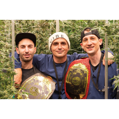 Tree1Four Genetics' Jay Wills, center, with Rosin Extraction Manager Max Platt and Live Resin Extraction Manager Rob Dunse shown with their Cannabis Cult Connoisseur Championship Belts.