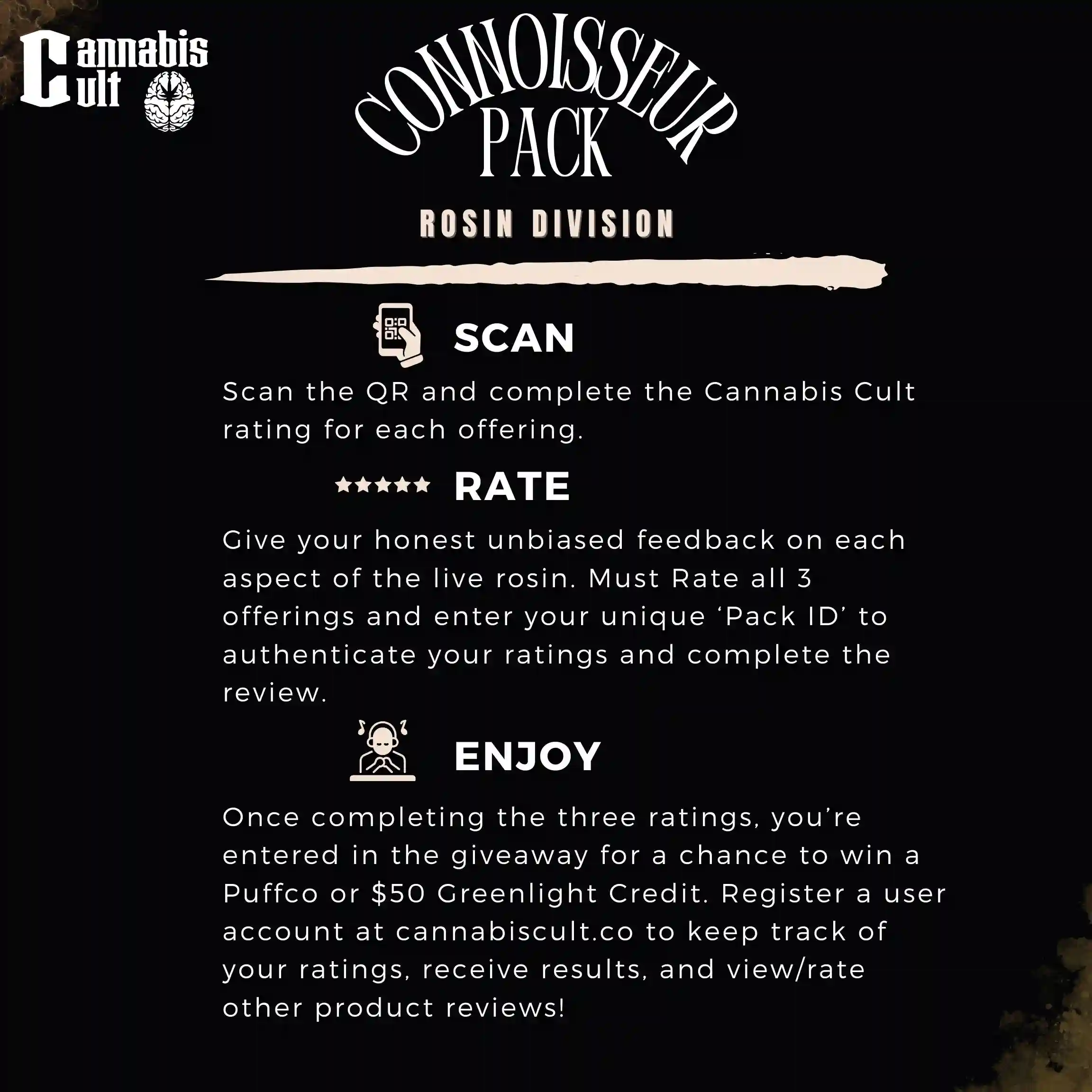 Cannabis Cult Rosin Division Limited Edition Pack release notes. Complete all three ratings and be entered to win a $50.00 Greenlight Credit. Particpating cultivators will be announced over the coming days.